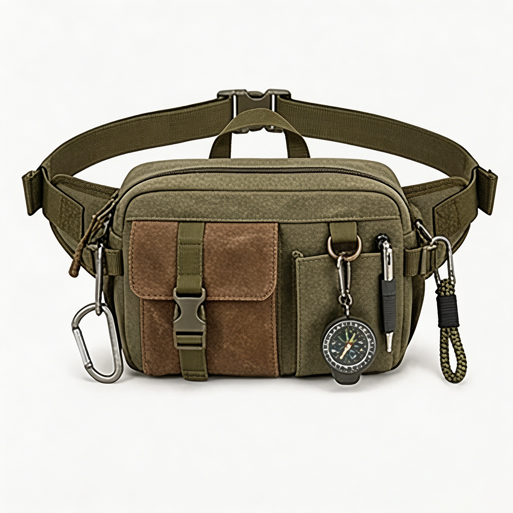 Heavy-Duty Vintage Canvas & Leather Waist Bag American Workwear Tactical Lure Pack for Motorcycle Riding and Hiking