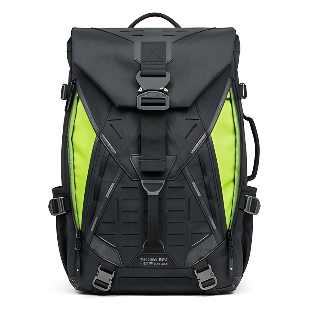 Futuristic Techwear Tactical Backpack – Cyberpunk Matte Black Rucksack with Neon Lime Accents Waterproof Urban EDC Modular Daypack