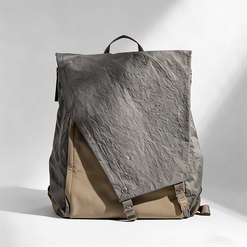 Sleek Distressed Fabric Laptop Backpack Multi-Pocket Geometric Flap-Over Bookbag, Creative Studio Techwear Rucksack with Hidden Zip Pockets