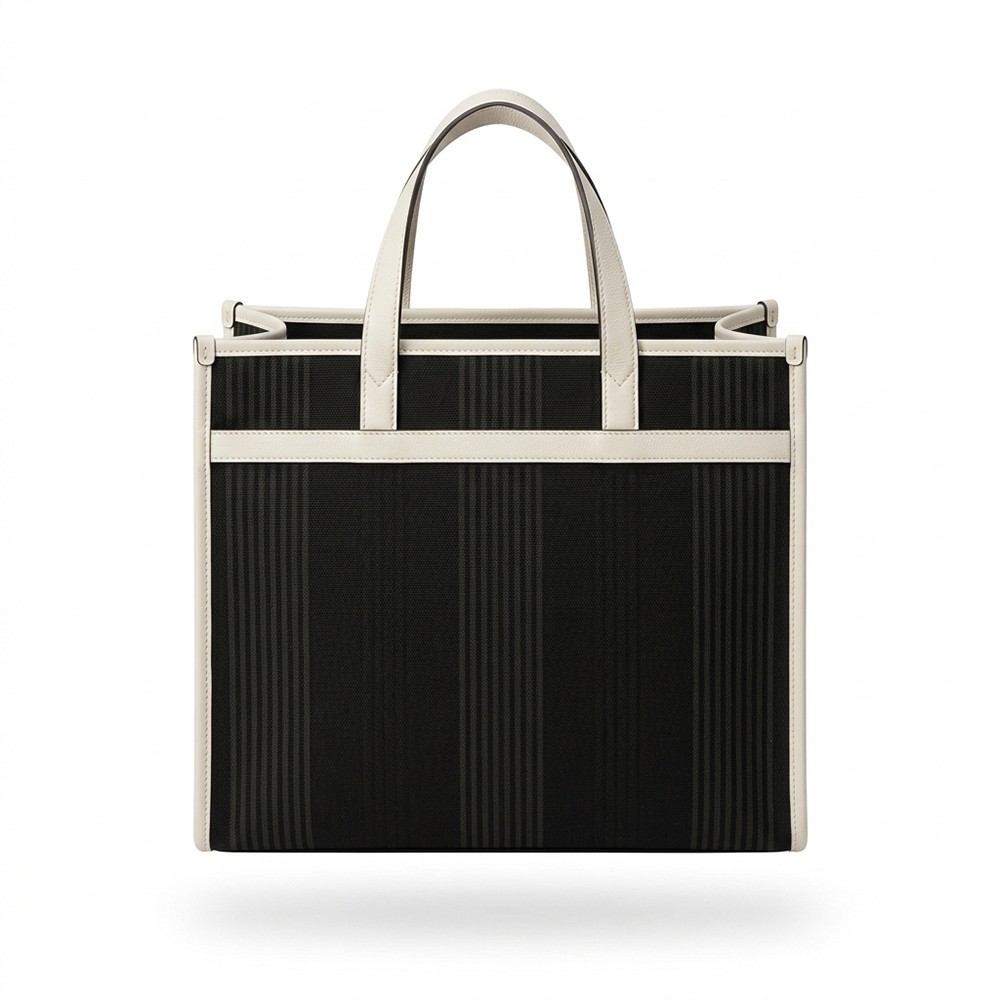 Shopping Bag Striped Canvas Leather Trim Daily Wholesale