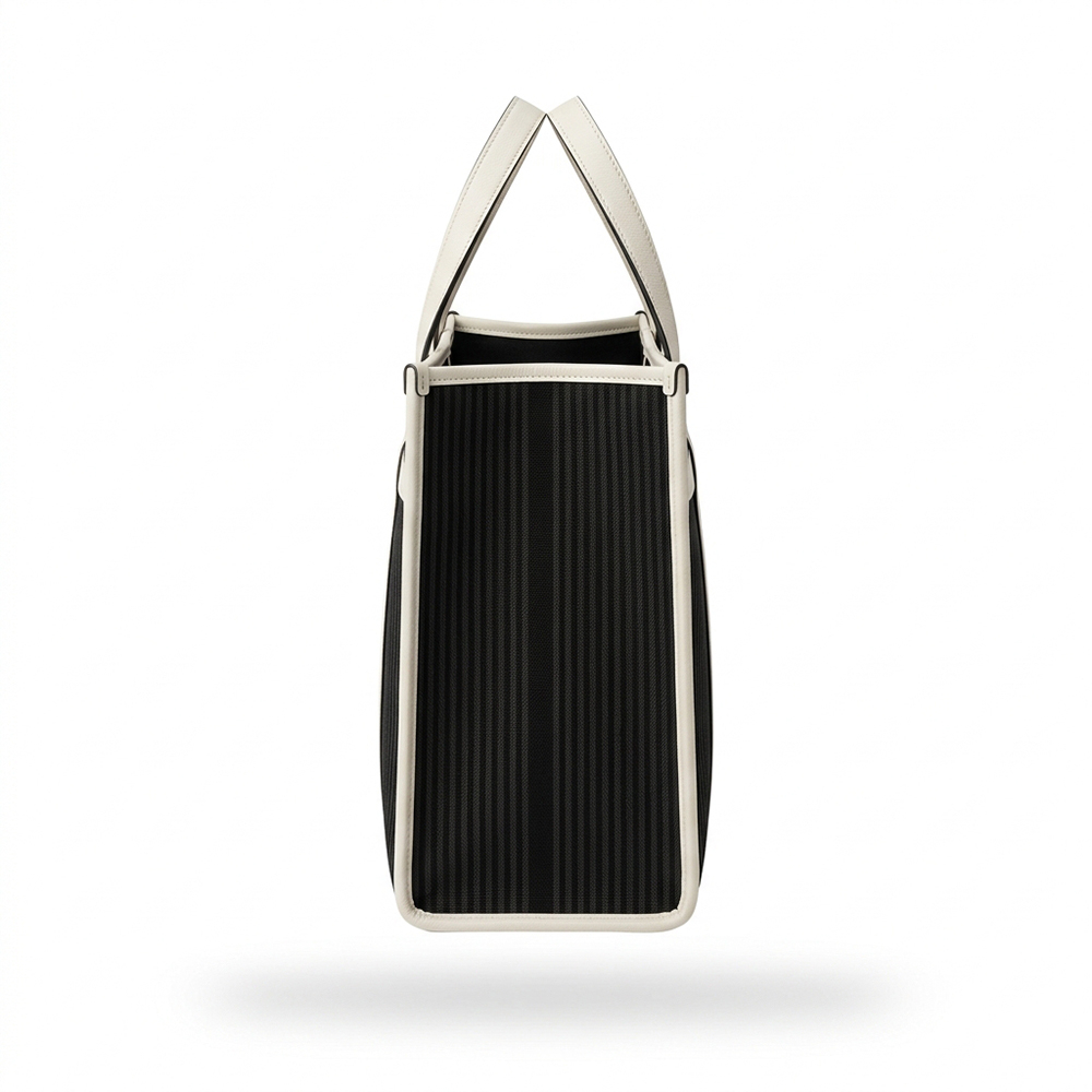 Shopping Bag Striped Canvas Leather Trim Daily Wholesale