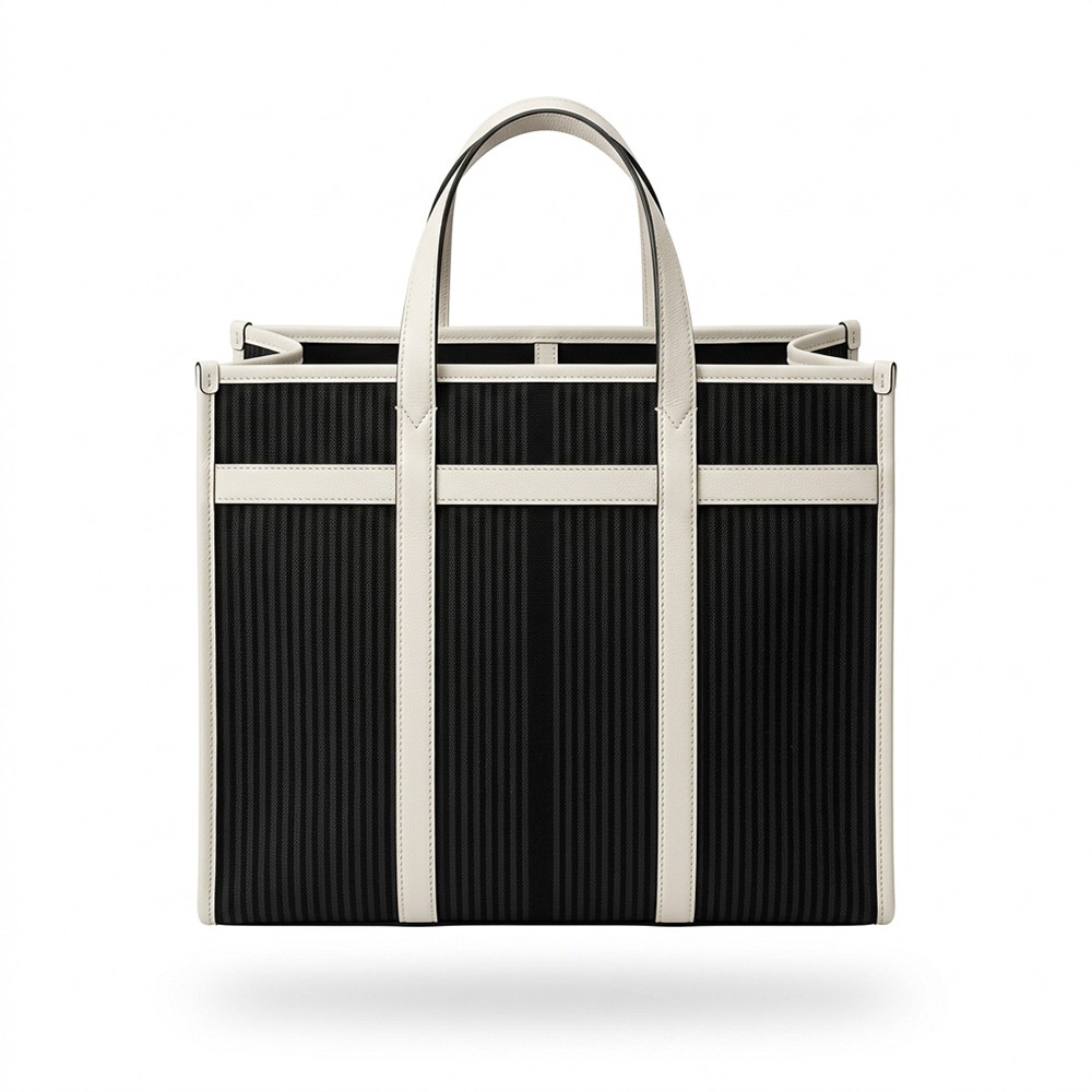 Shopping Bag Striped Canvas Leather Trim Daily Wholesale
