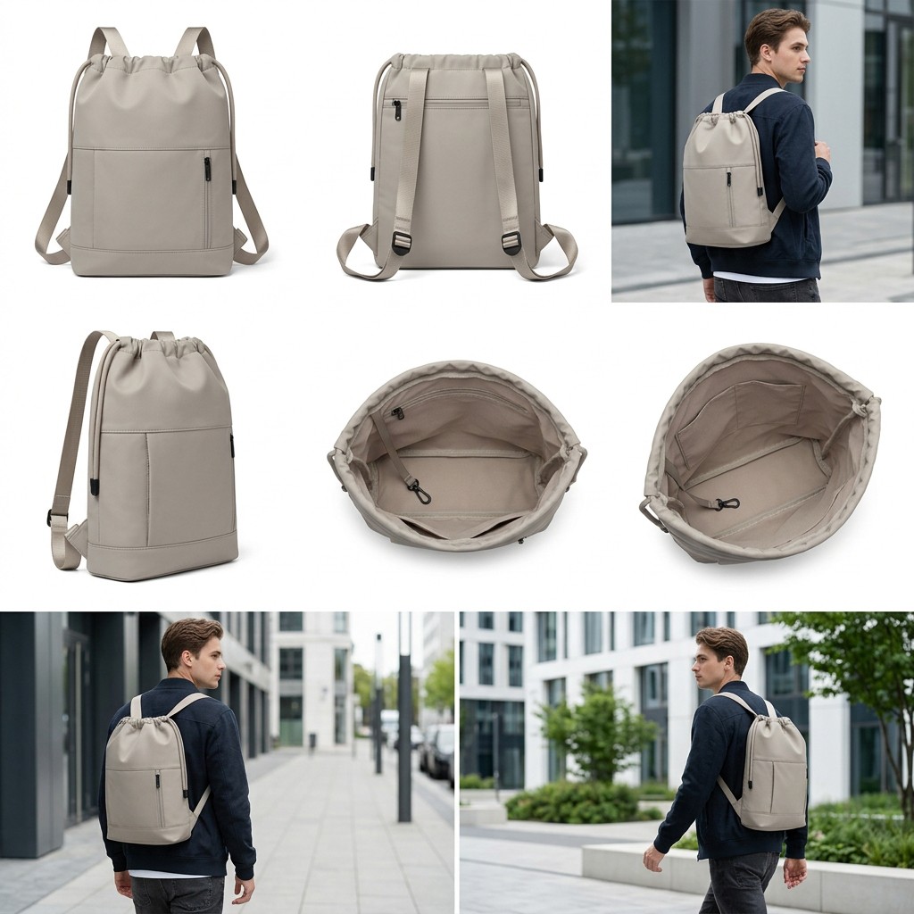 Drawstring Bag Waterproof Beige Urban Commute Unisex B2B